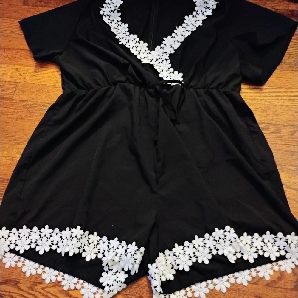 Black Romper with White Floral Trim